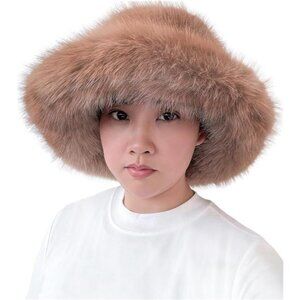 Oversized Winter Faux Fur Bucket Hat for Women Camel